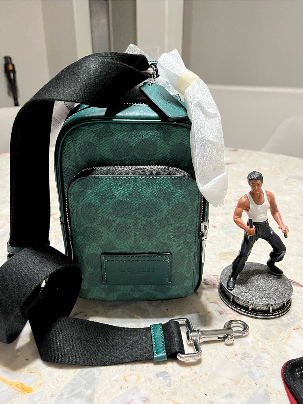 NWT Coach men Racer Sling Pack Signature Canvas Charms Silver/Sea Green CEB27